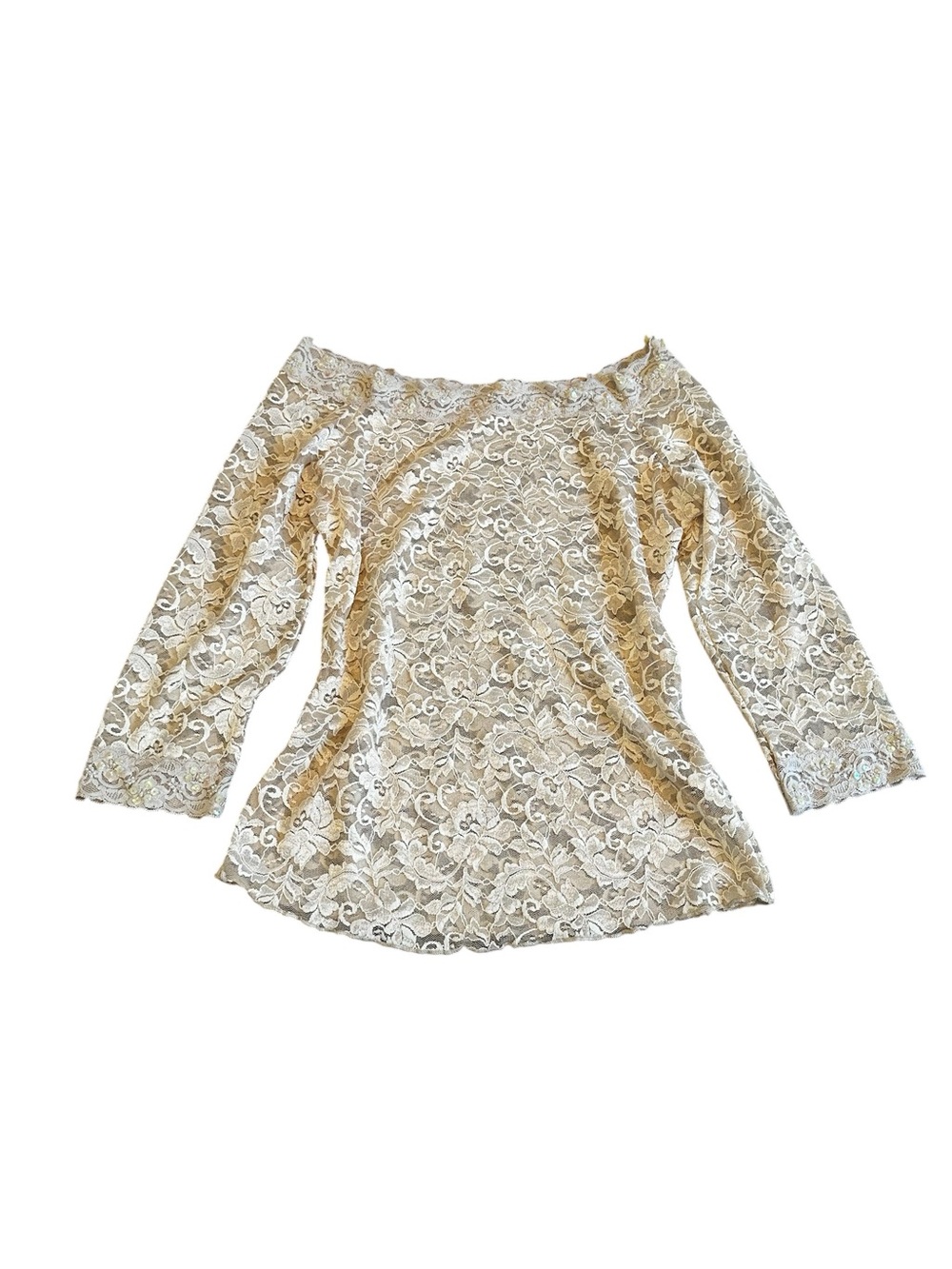 Vintage Lace Off The Shoulder Top Sequin Trim Semi Sheer Y2K Fairycore Romantic